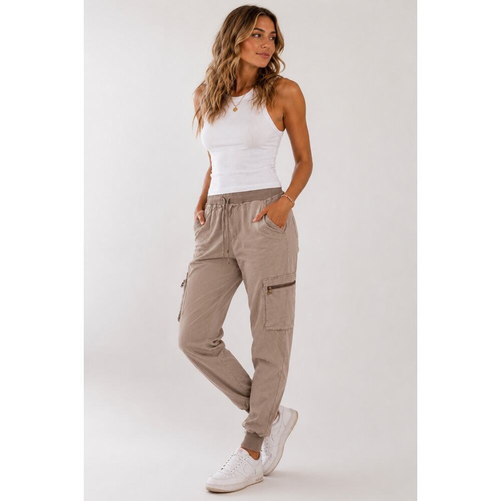 Young Fabulous & Broke Taupe Cargo Jogger Pants Medium Tencel Utility Casual